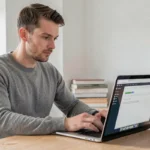 Homme téléchargeant un logiciel sur ordinateur portable dans un bureau à domicile organisé