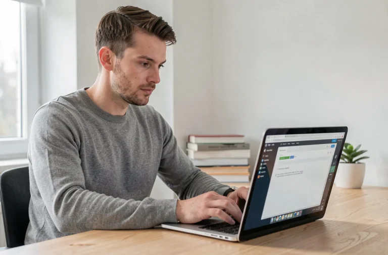 Homme téléchargeant un logiciel sur ordinateur portable dans un bureau à domicile organisé