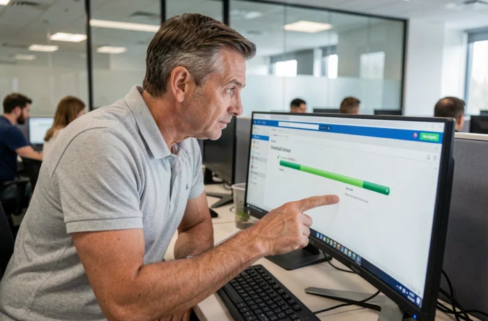 Homme d'affaires téléchargeant un logiciel professionnel sur un ordinateur de bureau en entreprise
