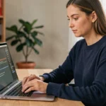 Femme téléchargeant un logiciel en toute sécurité sur son ordinateur portable dans un bureau à domicile