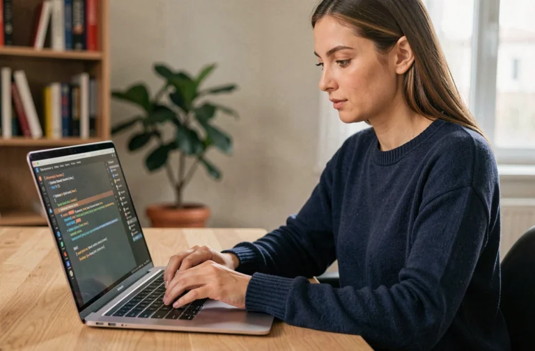 Femme téléchargeant un logiciel en toute sécurité sur son ordinateur portable dans un bureau à domicile