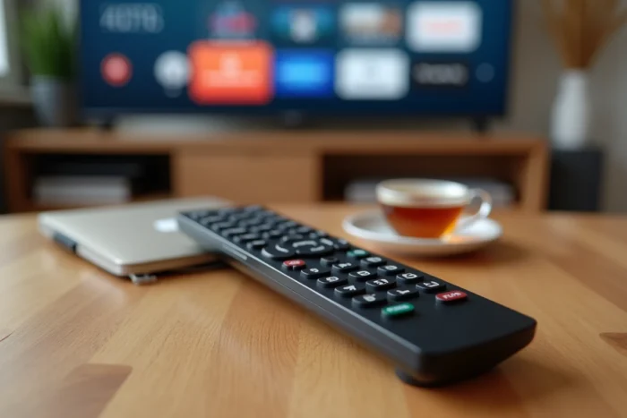 Gros plan sur une télécommande Philips posée sur une table basse avec un téléviseur affichant une application IPTV en arrière-plan