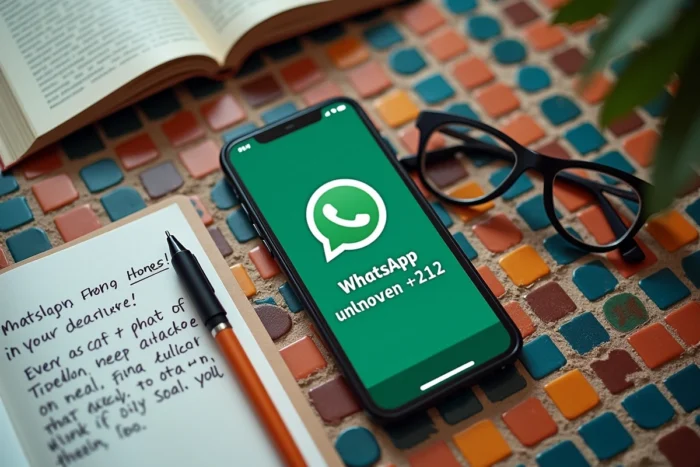 Téléphone affichant un appel WhatsApp avec l'indicatif 212 inconnu posé sur un carrelage marocain traditionnel