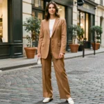 Femme élégante portant un blazer oversize camel et un pantalon large dans une rue pavée parisienne, tendance mode automne