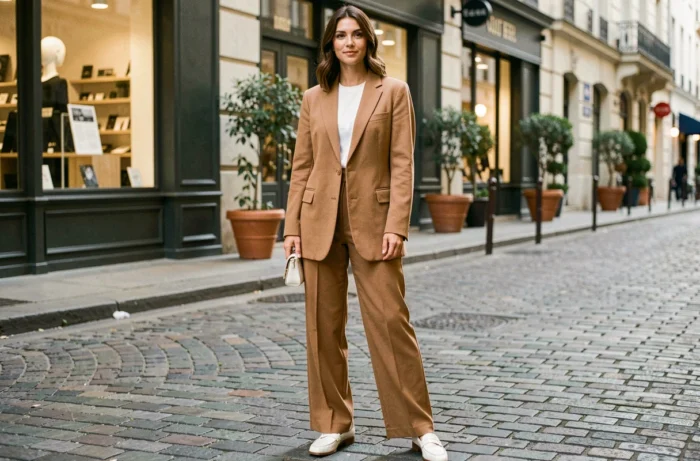 Femme élégante portant un blazer oversize camel et un pantalon large dans une rue pavée parisienne, tendance mode automne