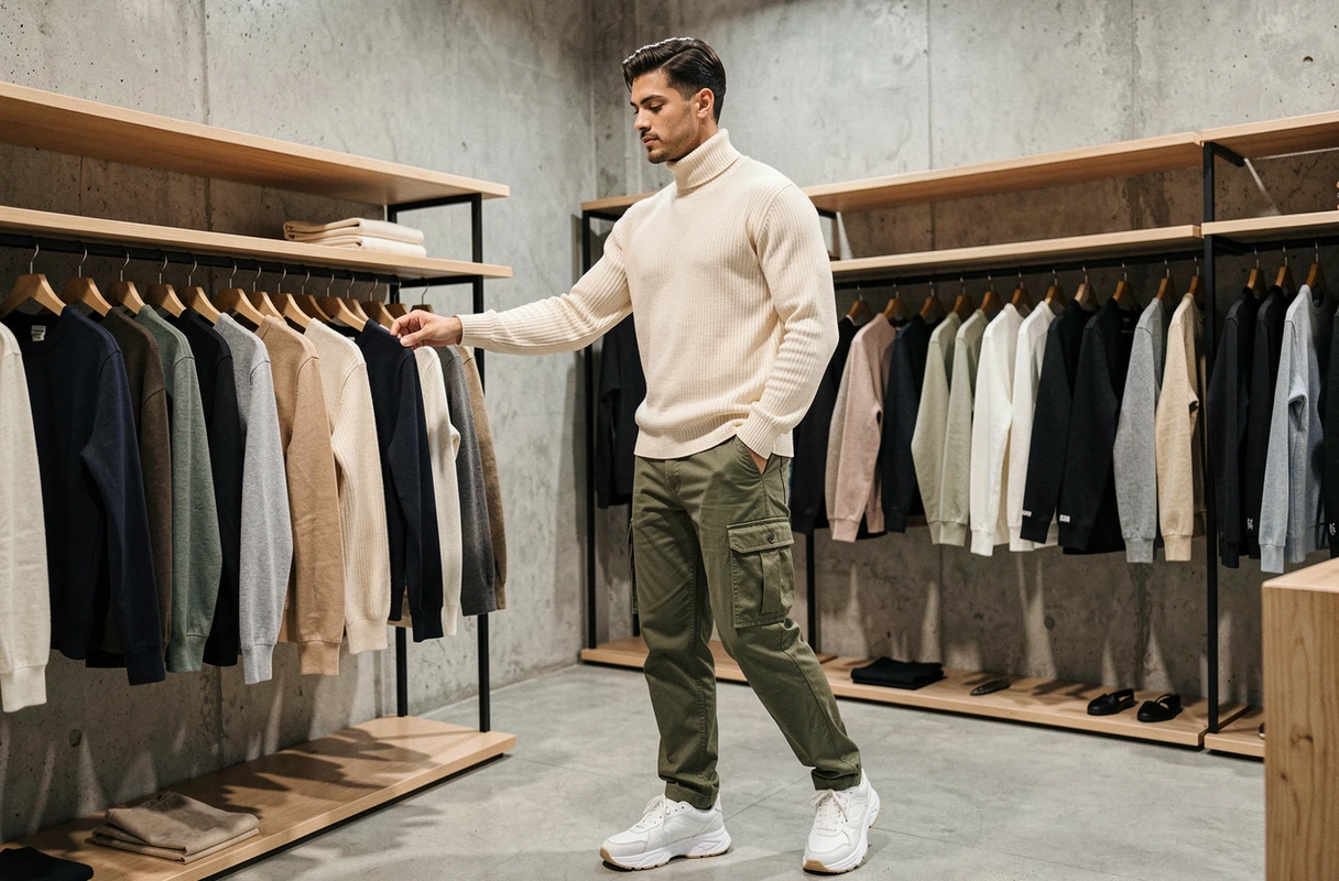Homme en pull col roulé crème et cargo olive dans un concept store minimaliste, style mode tendance saison