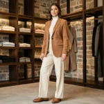 Femme élégante en blazer camel et pantalon large crème dans une boutique de mode parisienne, tendances mode automne-hiver