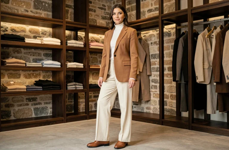 Femme élégante en blazer camel et pantalon large crème dans une boutique de mode parisienne, tendances mode automne-hiver