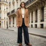 Femme portant un blazer camel oversize et un pantalon large dans une rue parisienne pavée, tendances mode automne-hiver