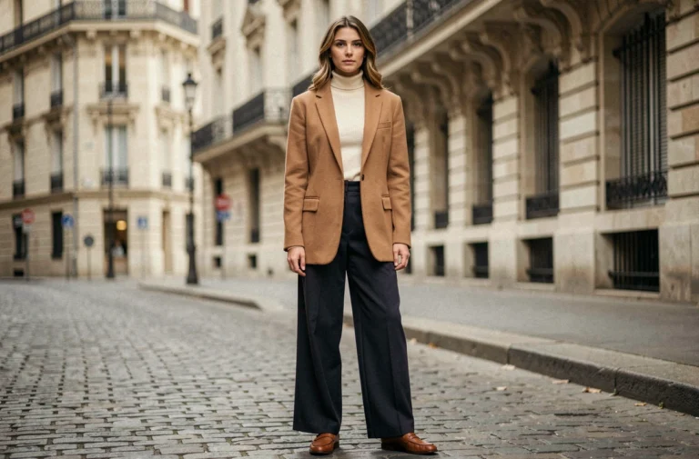 Femme portant un blazer camel oversize et un pantalon large dans une rue parisienne pavée, tendances mode automne-hiver