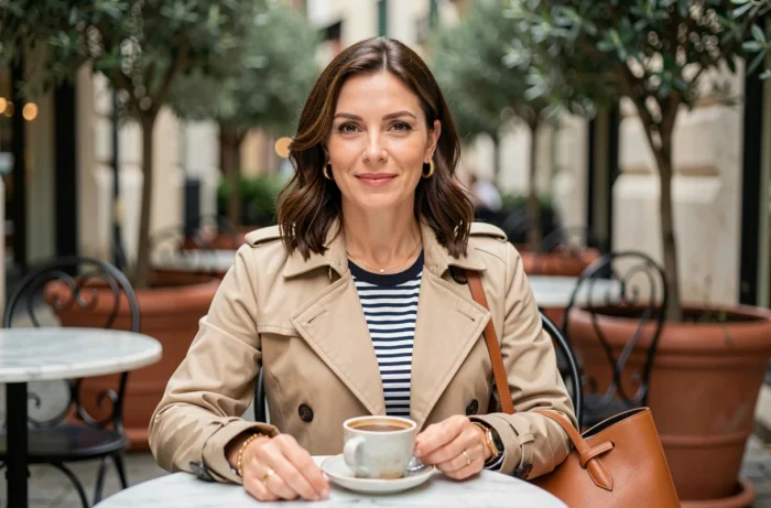 Femme élégante en trench coat ecru assise en terrasse de café avec sac en cuir cognac, look mode tendance printemps