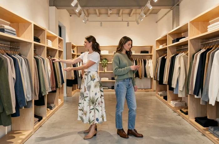 Deux femmes découvrant les nouvelles collections dans une boutique concept store tendance, mode prêt-à-porter saison actuelle
