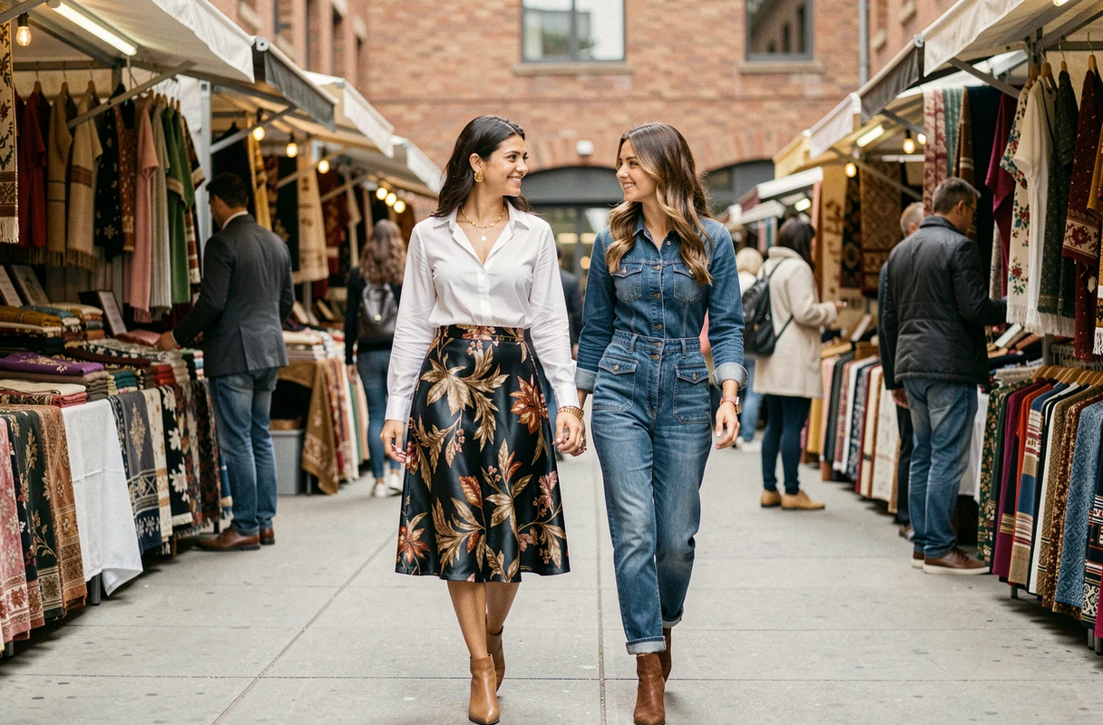 Deux femmes à la mode marchant dans un marché urbain, portant une jupe en soie imprimée et un co-ord en denim, tendances mode saison
