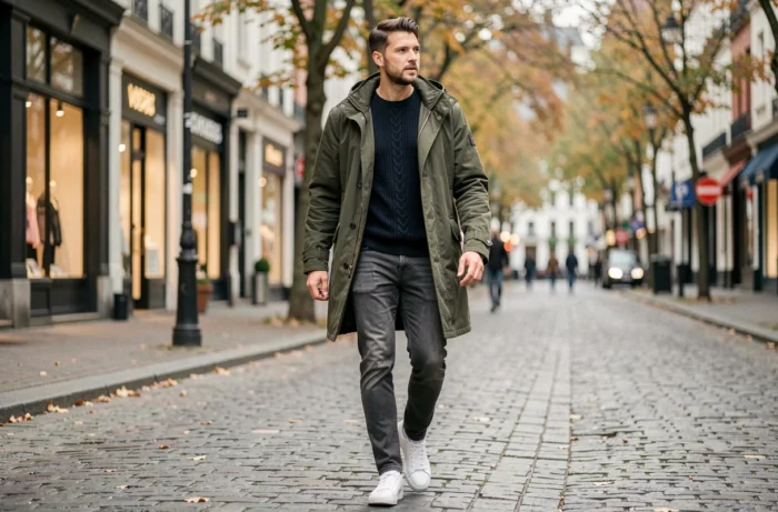 Homme en parka olive et jean gris marchant dans une rue pavée européenne, look streetwear tendance saison automne
