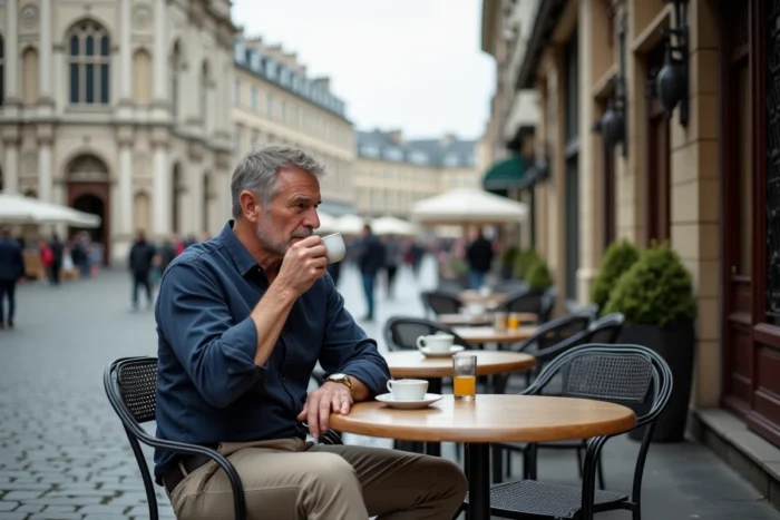 Homme dégustant un café en terrasse sur la Place du Grand Sablon à Bruxelles