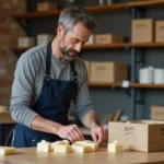 Travailleur en ESAT emballant des produits artisanaux dans un atelier spécialisé en France