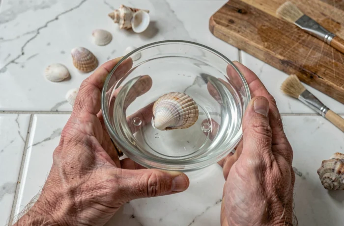 Mains trempant un œil de Sainte Lucie dans un bol d'eau vinaigrée sur un plan de travail en marbre