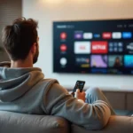 Homme utilisant une télécommande Philips pour naviguer dans une application IPTV sur un téléviseur connecté dans un salon moderne