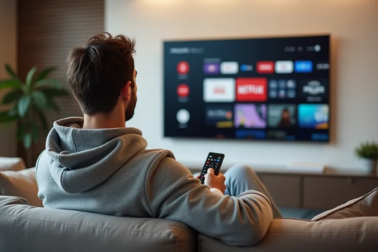 Homme utilisant une télécommande Philips pour naviguer dans une application IPTV sur un téléviseur connecté dans un salon moderne