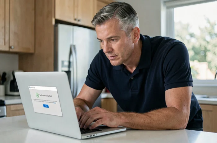 Homme vérifiant la sécurité d'un téléchargement de logiciel sur ordinateur portable dans une cuisine moderne