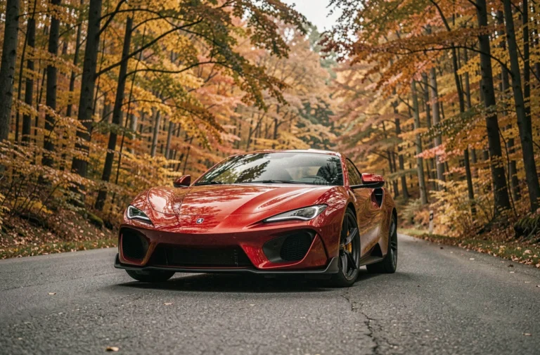 Voiture de sport rouge garée sur une route sinueuse des Ardennes belges en automne
