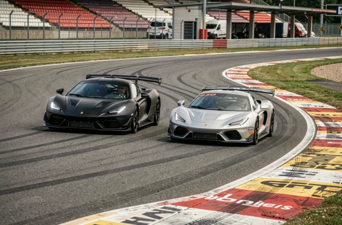 Deux voitures de sport en pleine accélération dans un virage sur un circuit de course belge
