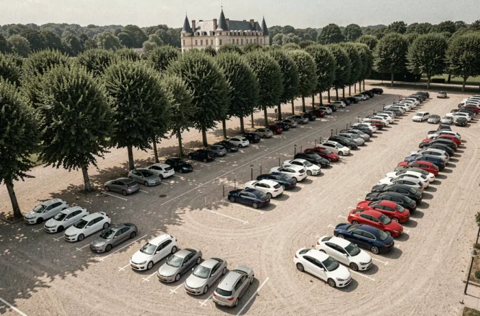 Vue aérienne du parking gratuit du domaine de Chambord avec rangées de voitures et château en arrière-plan