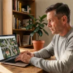 Homme utilisant une application de vue satellite sur un ordinateur portable pour localiser sa maison depuis son bureau à domicile