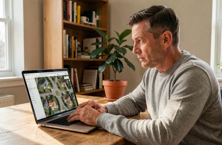 Homme utilisant une application de vue satellite sur un ordinateur portable pour localiser sa maison depuis son bureau à domicile