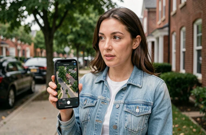 Femme consultant une vue satellite en direct de son quartier sur smartphone depuis la rue