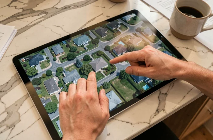 Gros plan sur une tablette affichant une vue satellite en direct d'une maison avec des mains zoomant sur la carte